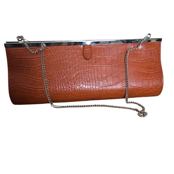 Giovane Rusty Orange Faux Crocodile  Silver Hardware Chain Strap Clutch Bag NWT - Picture 1 of 6